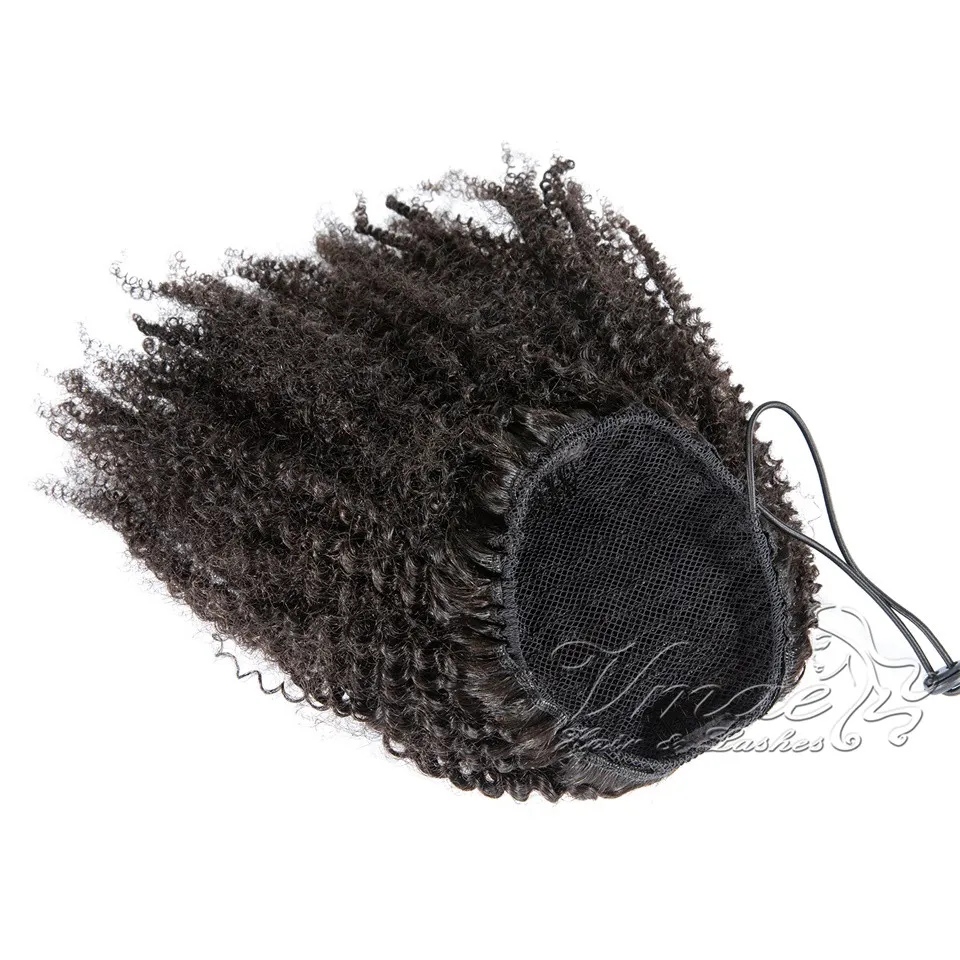 Индийская девственная натуральная черная черная 4а от 12 до 26 дюймов 120 г упругие полосы связки привязка афро извращенные вьющиеся волосы хвостики с человеческими волосами
