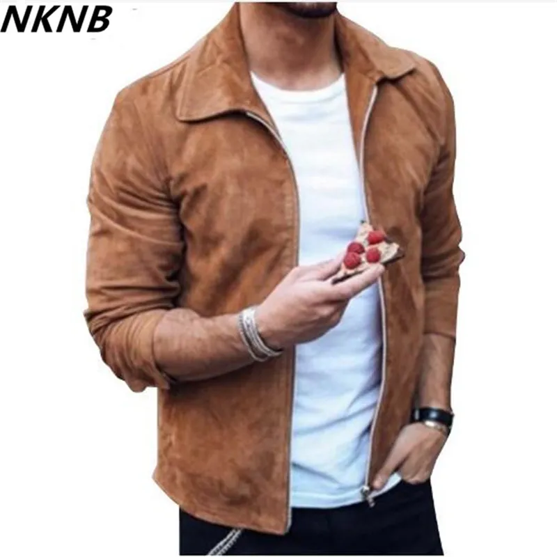 2018 nouveaux hommes Slim Fit daim veste manteau mâle automne col rabattu vestes à glissière manteau couleur unie vêtements d'extérieur S-3XL