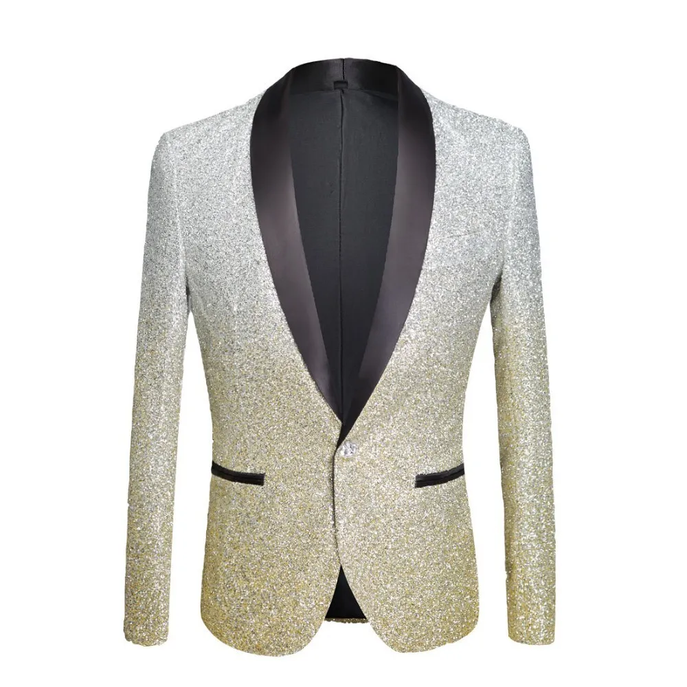 PYJTRL Mens Fashion Gradient Color Shiny Powder Gold Silver Pink Champagne Blue Black Slim Fit Blazer Stage Singer Suit Jacket