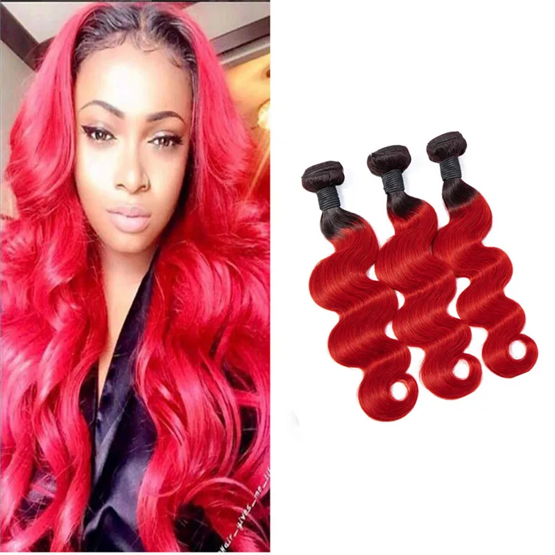 Brazilian Virgin Hair 3 Bundles 1B/red Straight Ombre Human Hair Three Pieces 12-26inch 1B Red Double Wefts Ruyibeauty