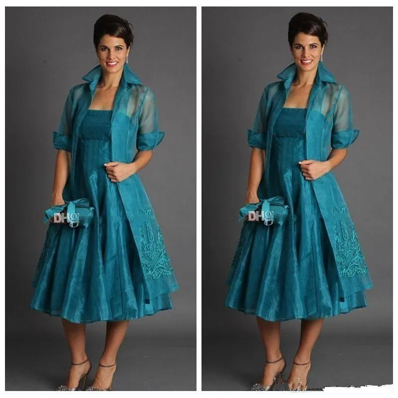 Nowa elegancka linia plus size krótka matka panny młodej sukienki długość herbaty organza wieczorowe suknie z kurtką