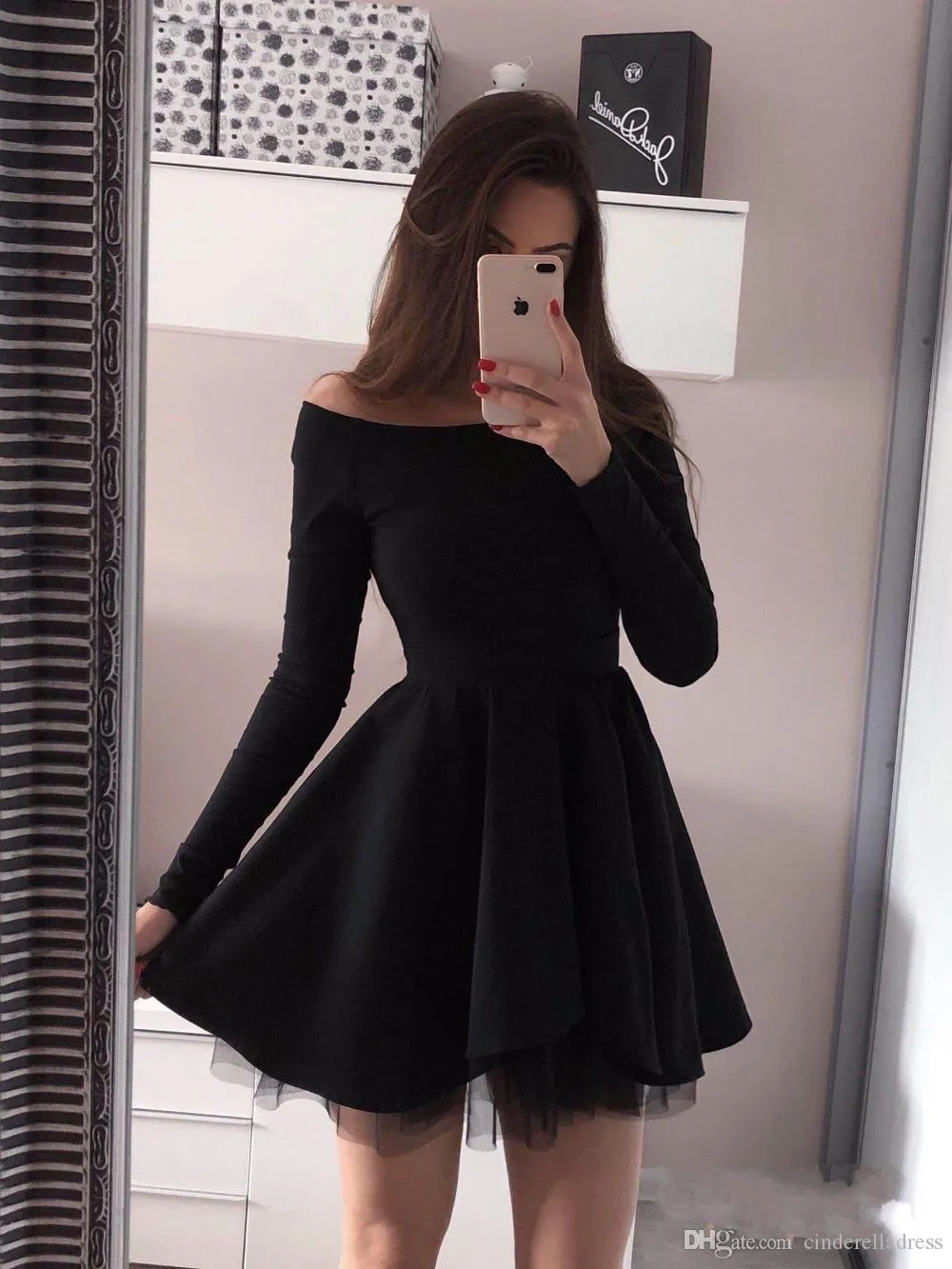 Elegante abito da ballo rosso nero corto con spalle scoperte vestido de formatura abiti da cerimonia per la laurea a maniche lunghe abiti da cocktail