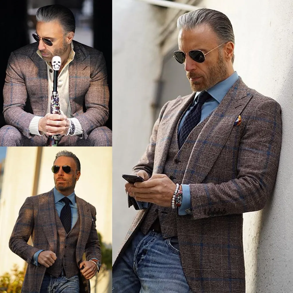 İki Piece Yakışıklı Erkek Takım Elbise Damier En Yüksek Kalite Kostümler De Mariage Hommes İçin Yeni Moda Damat Takım Elbise Düğün Suits edin