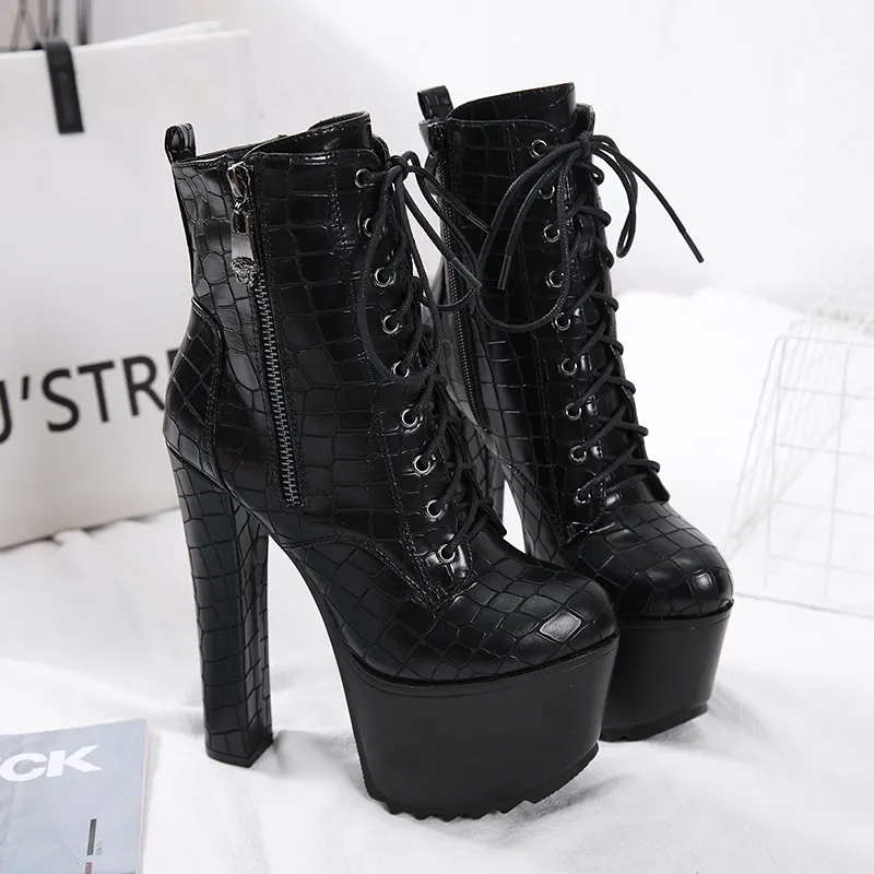 16cm Luxury Black Lace Up Stone Grain Motocyle Ankel Boots Ultra High Heels kommer med lådan 34 till 40