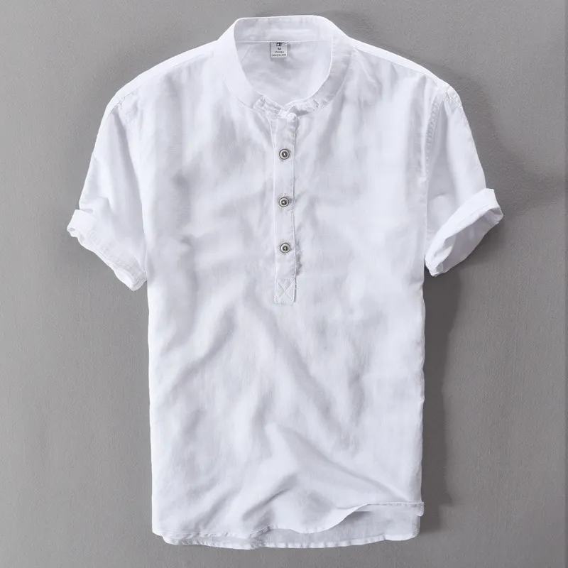 Stand Collar Men's Short Sleeve Linen Cotton Shirt with Botton White Green Blue Summer Casual Shirts Men New