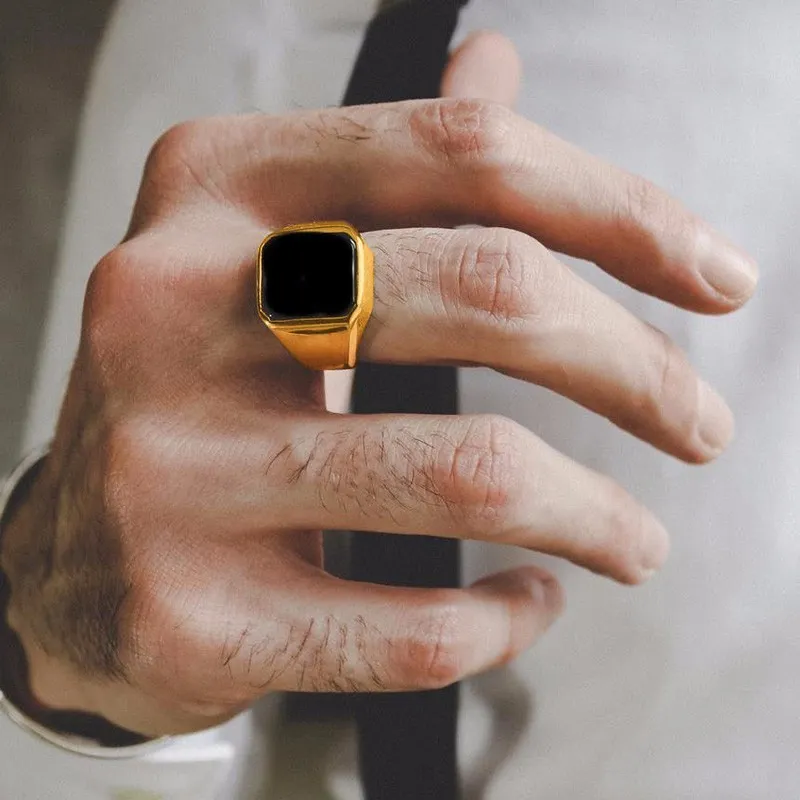 Zwart Carneool Rvs Golden Square Signet Ring voor Mannen Pinky Rings Mannelijke Rijkdom en Status Sieraden