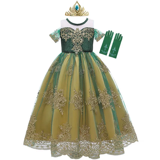 Anna Green Dress For Girl Summer Lace Tulle Snow Queen Princess