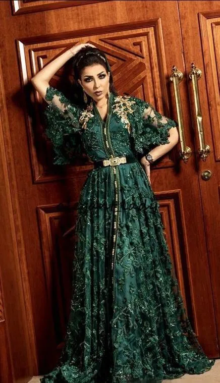 Hunter Dark Green Formal Evening Dresses with Long Sleeve 2019 Dubai Arabic Muslim Kaftan Abaya 3D Floral Lace Occasion Prom Gown