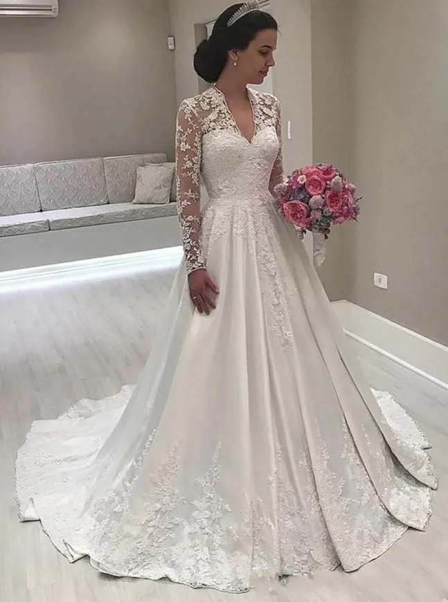 V New Designer Neck Country Lace Dresses Elegant Long Illusion Sleeves Applique Bridal Gowns Wedding Dress Vestido De Novia estido