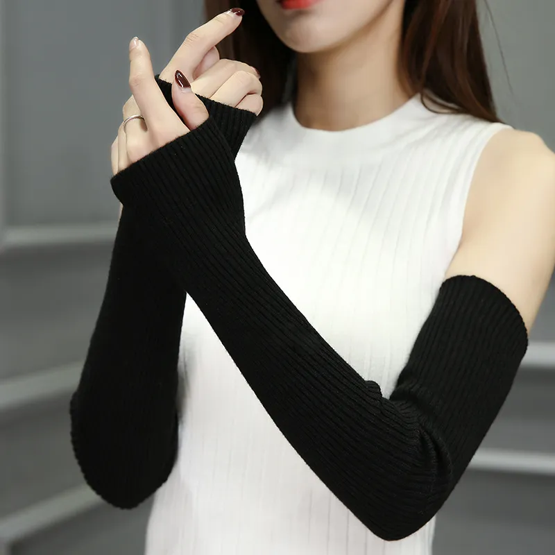 Fashion-Hand Warm Female Fingerless Arm Warmers Solid Arm Sleeve Cuff Wool Knitted Gloves For Woman Winter Keep Warm High Elastic