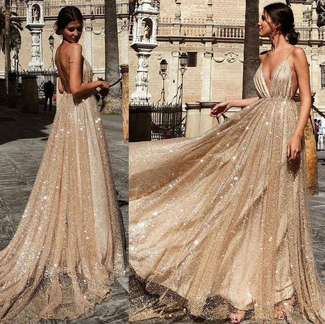 Sparkly sequins prom klänningar långa djupa v nackremmar full längd boho backless speciell tillfälle kväll klänning billiga kläder en paillettes 2019