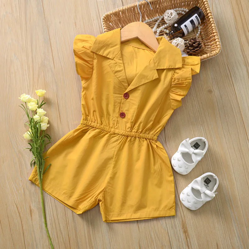 Fly Sleeve Shirt Kids Jumpsuit V Neck Solid Färg Söt Baby Girl Onesies Sommar Bomull Jumpsuits med Shorts 19121803