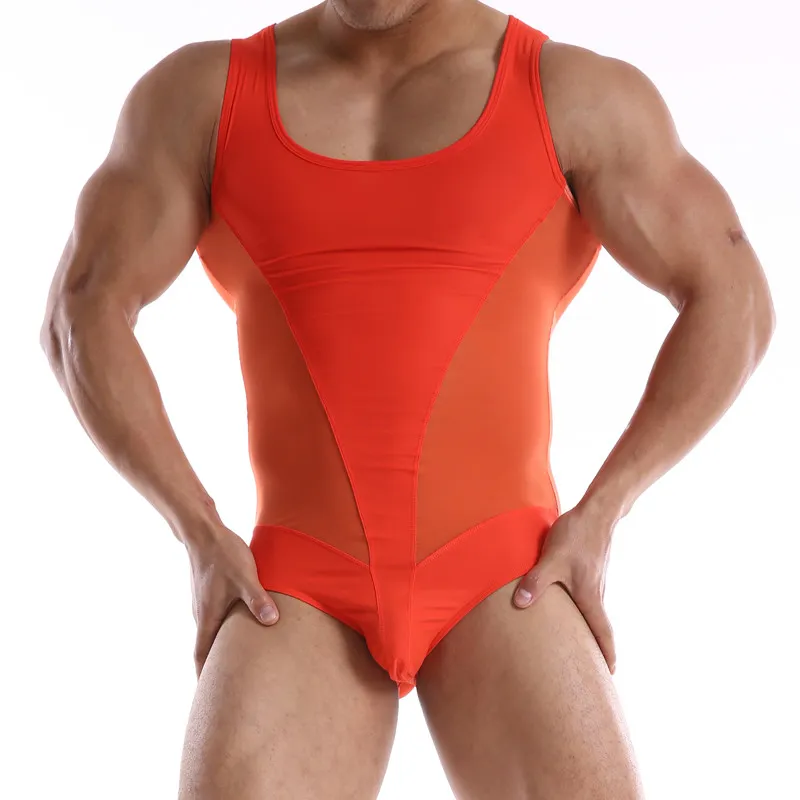 Décontracté hommes Nylon Body élasticité une pièce maillot de bain Sexy mince corps Fitness sous-vêtements confortable gaze Patchwork sous-vêtement