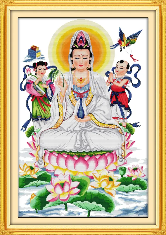 Kwan-yin donnant des bénédictions peinture de décoration intérieure, ensembles de broderie au point de croix faits à la main, impression comptée sur toile DMC 14CT / 11CT