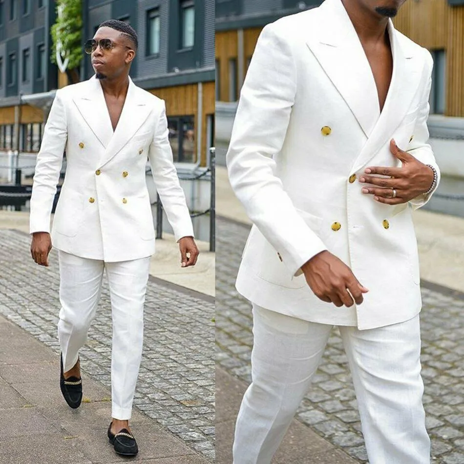 Knappe mannen Formele Witte Linnen Pakken Bruidegom Dragen Double Breasted Party Bruiloft Piekte Revers Tuxedos (Jas + Broek)