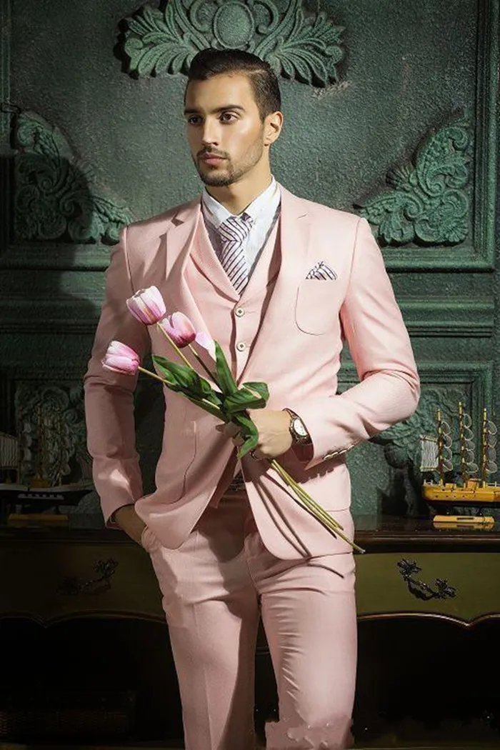 Ny senaste design One Button Pink Groom Tuxedos Groomsmen Bästa Man Passar Mens Bröllop Blazer Passar (Jacka + Byxor + Vest) 1194