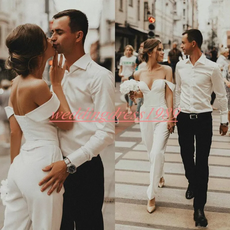 Newest Jumpsuits Wedding Dresses Off Shoulder Satin Spring Beach Mariage Arabic Plus Size Bridal Ball Gown For Bride robe de marie268M