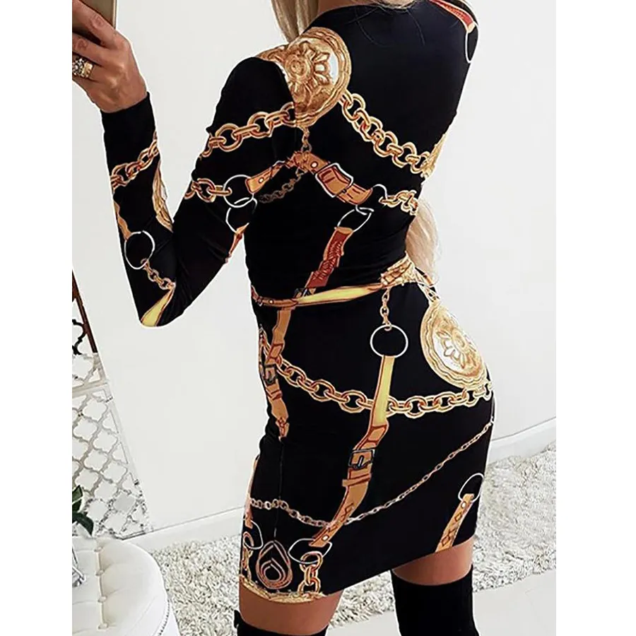 Chic Chain Print Women's Chain dress - Elegant, Long-Sleeved, and Tight for Summer Casual Wear (B3) Chic Chain Print Women's Chain dress - Elegant, Long-Sleeved, and Tight for Summer Casual Wear (B3)