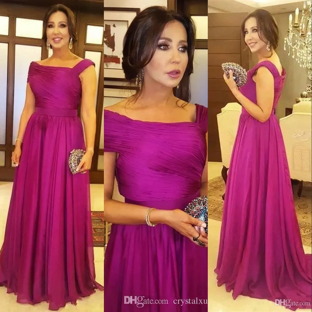 Fuchsia Chiffon Lange einfache preiswerte Mutter der Braut Kleider drapierte Scoop Neck Plus Size Flügelärmeln Wedding Guest Kleid-formale Mutter Kleider