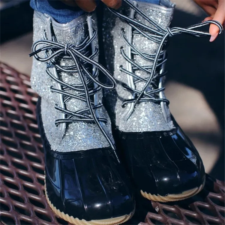 Donna Glitter Slip Duck Boots moda Caviglia Adulti Antiscivolo Impermeabile Scarpe traspiranti Stivali da pioggia con paillettes