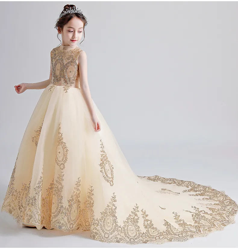 Long Trailing Girl's Pageant Birthday Party Dress Gold Tulle Sequin Flowers Girl Princess Dress Fluffy Kids First Communion D251V