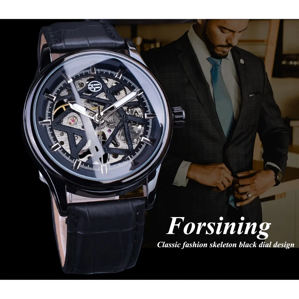 Forsining Full Black Fashion Classic Mechanical Wristwatches for Men Black Band Luminous Hands Heren Horloge Skeleton Clock Male263p