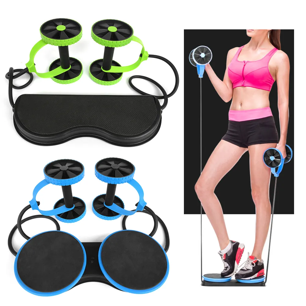 Multi Function Double AB Roller Wheel Foldbar Muscle AB Trainer Stretch Elastic Abdominal Resistance Pull Rope Gym Fitness