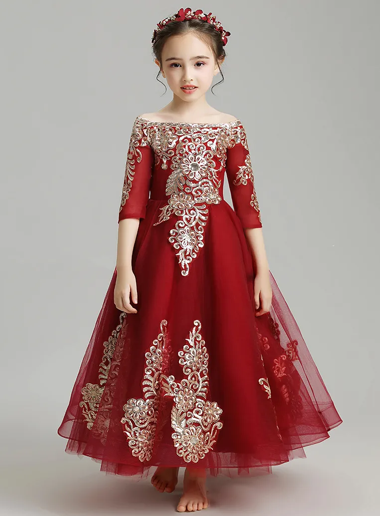 grazioso vino rosso Bateau Applique Caviglia Abiti da spettacolo per ragazze Abiti da ragazza di fiori Abiti da festa principessa Gonna per bambini Custom Made 2-14 H314303