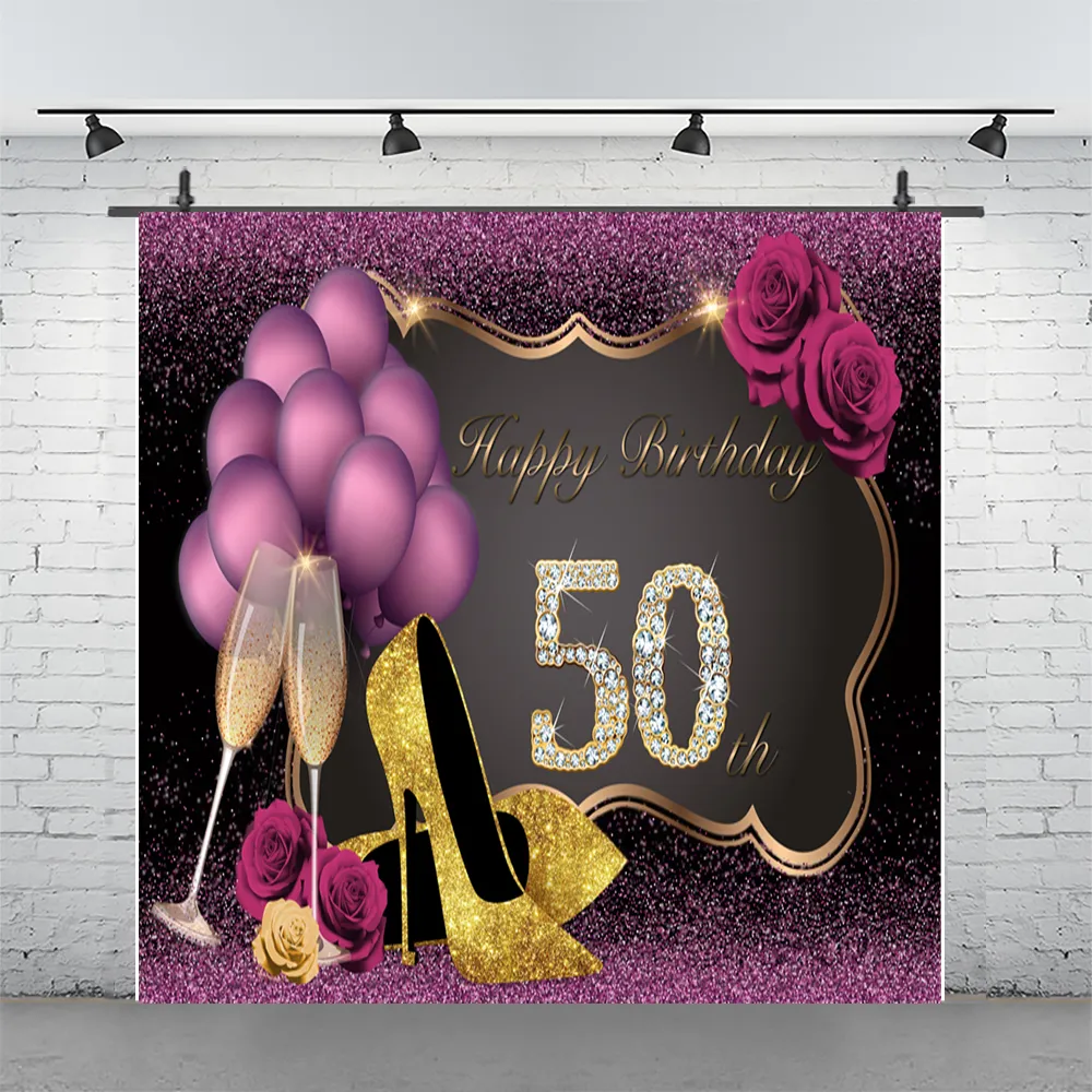 Décorations de fête violettes et dorées pour femmes, toile de fond