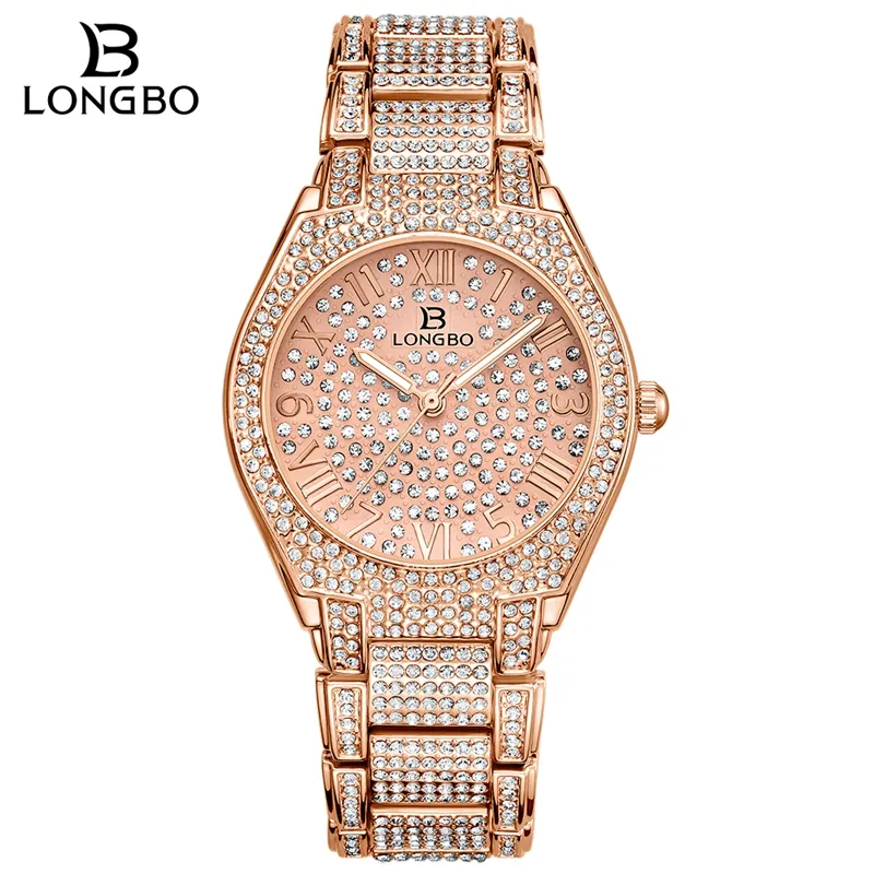 Longbo luxe strass bracelet montre femmes diamant mode dames or rose robe montre en acier inoxydable cristal montre-bracelet