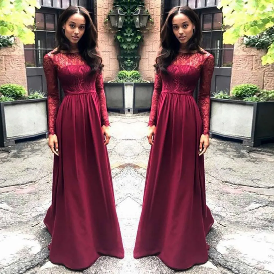 Simple Burgundy Bridesmaid Dresses Långärmad Maid of Honor Dress Lace Chiffon Long Prom Dress Wedding Guest Goods Cheap