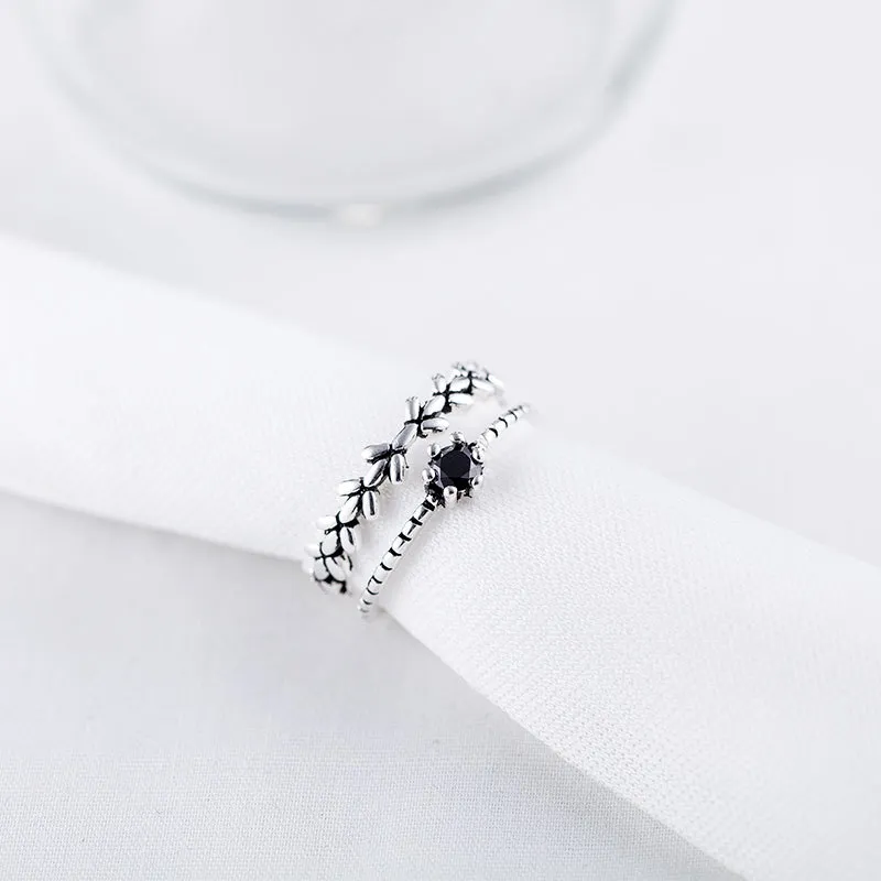 Wholesale- 925 Sterling Silver Rings For Women Obsidian Leaf Double Layer Thai Silver Opening Index Finger Ring