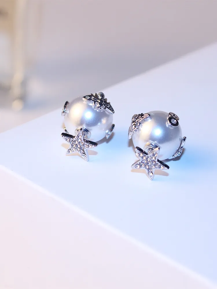 Bling Bling ! ins fashion designer double sided luxury lovely cute star bees crystals diamonds pearl stud earrings for woman girls