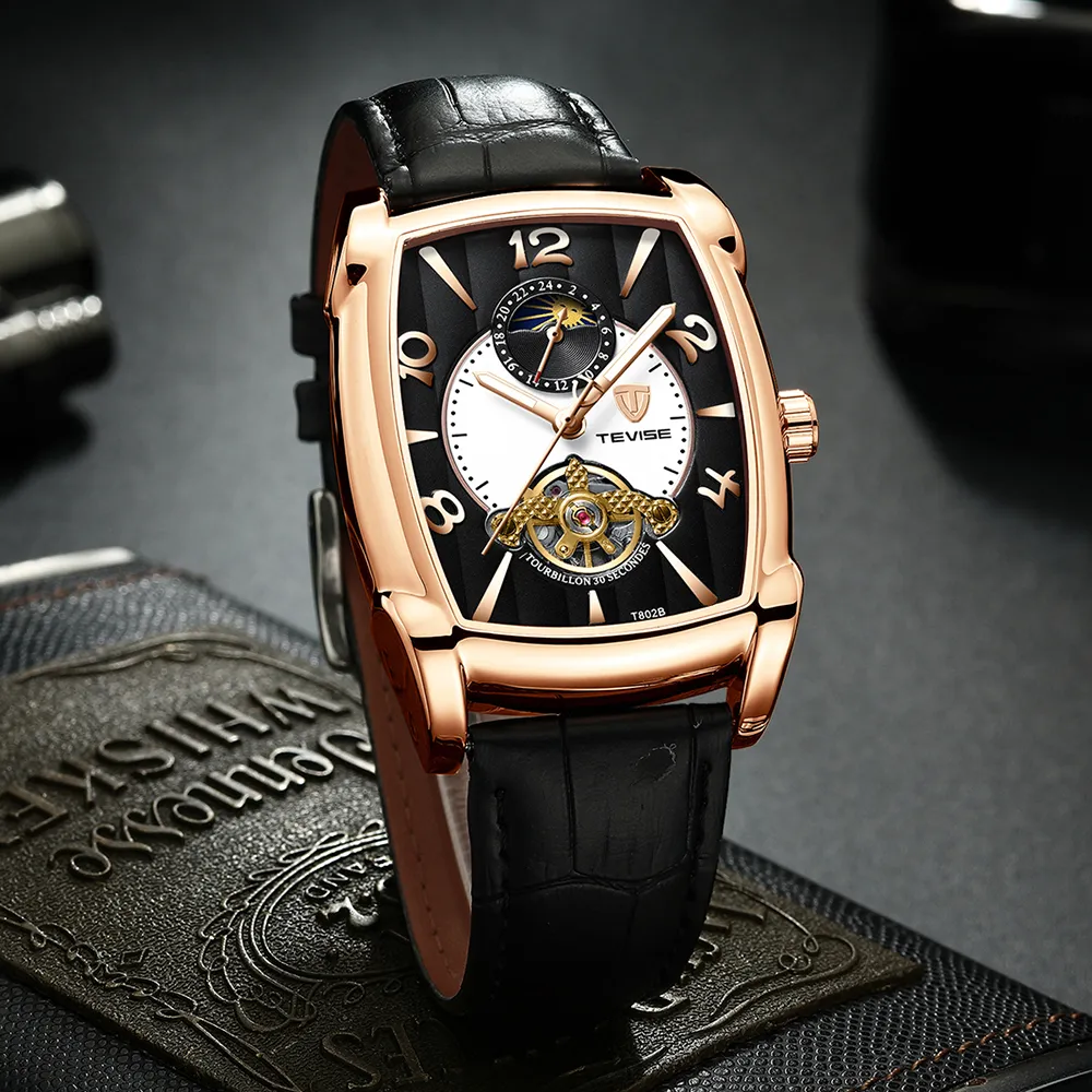 2019 Tevise Mens Klockor Moon Fas Tourbillon Mekanisk Klocka Män Läder Lysande Sport Armbandsur Relogio Masculino