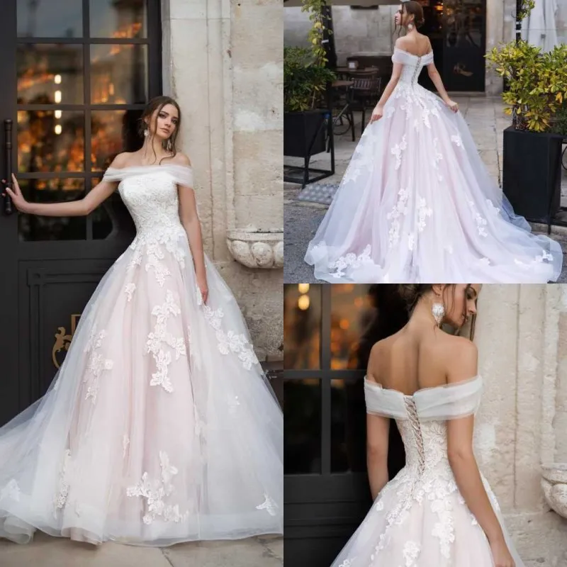 Naviblue Blush Wedding Dresses Off the Shoulder Lace Appliqued Bridal Dress Wedding Gowns Lace-up Back Arabic Robe de Mariee