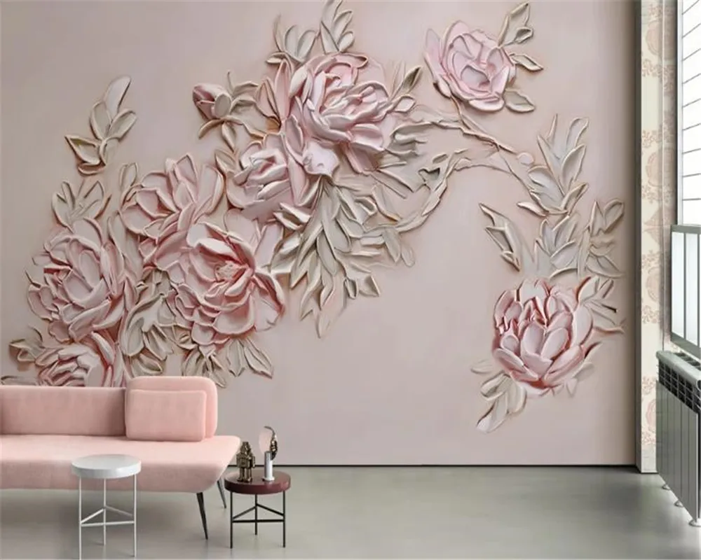 Wall Papers Home Decor 3d three-dimensional pink embossed rose flower oil painting HD Superior Interior Decorations Wallpaper