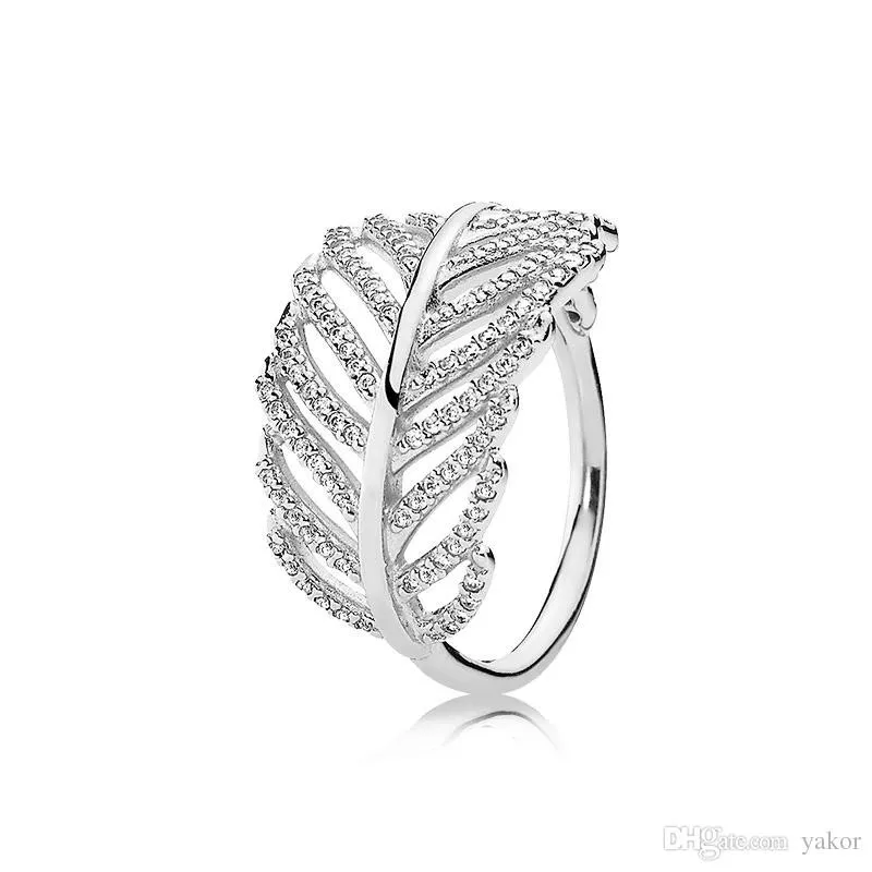 Ny 925 Sterling Silver Feather Wedding Ring Logo Original Box för Pandora Engagement Smycken CZ Diamond Crystal Rings for Women G280i