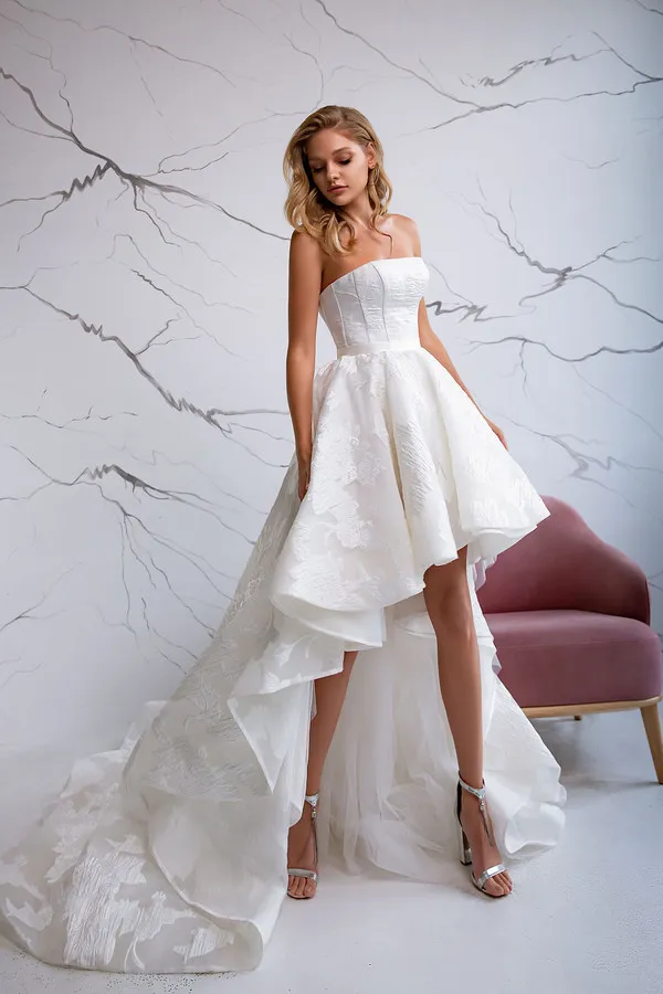hi lo dress for wedding 9818: Embroidered Lace High-Low Bridal Gown