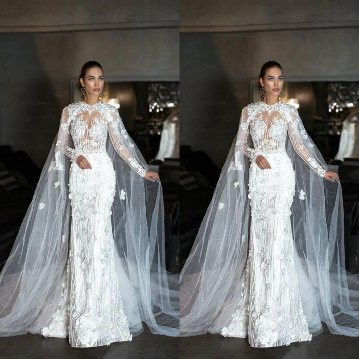 Nieuwste Tule Long 2019 Bruiloft Cape Kant Jas Bolero Wrap White Ivory Women Bridal Accessories Custom Made