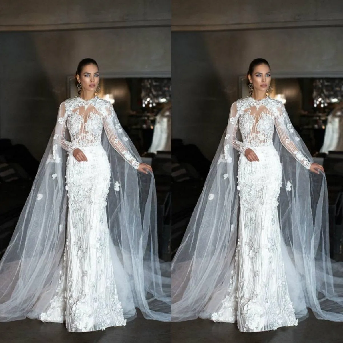 Nyaste Tulle Long 2019 Bröllop Cape Lace Jacka Bolero Wrap Vit Elfenben Kvinnor Bridal Tillbehör Skräddarsy