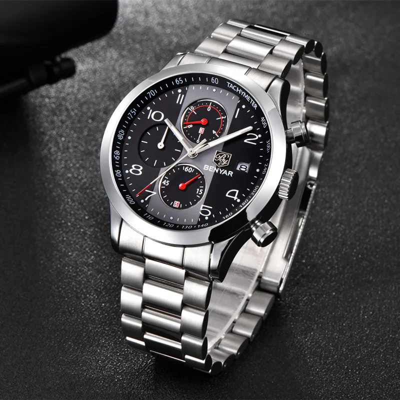 Benyar New Fashion Chronograph Sport WatchesセットメンズレザーストラップブランドクォーツブルーウォッチクロックRelogioMasculinoReloj hombre283l