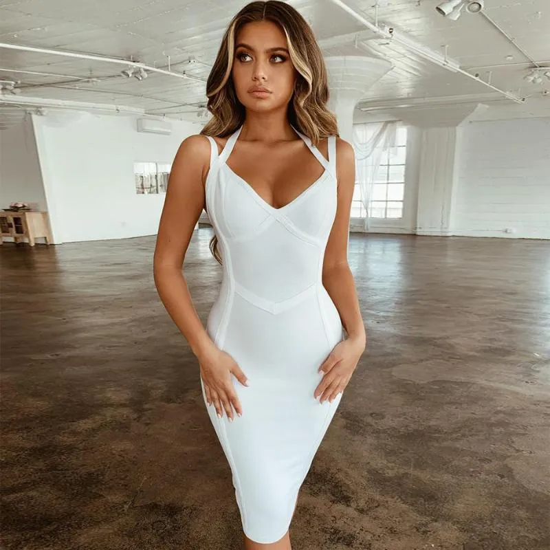 Seamyla 2020 Nuovo abito BodyCon Bandage Women Women Sexy Red White Halter V Neck Summer Club Celebrity Party Dresses Vestidos Runway