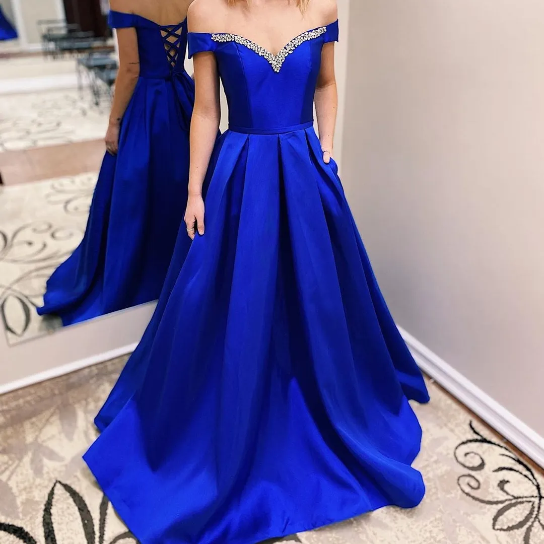 2020 Royal Blue Prom Promess Prety Pressing 202K A-Line Off-Flog Dang Formate Formate Chasts Hand-up Back Pliated Pliated талия