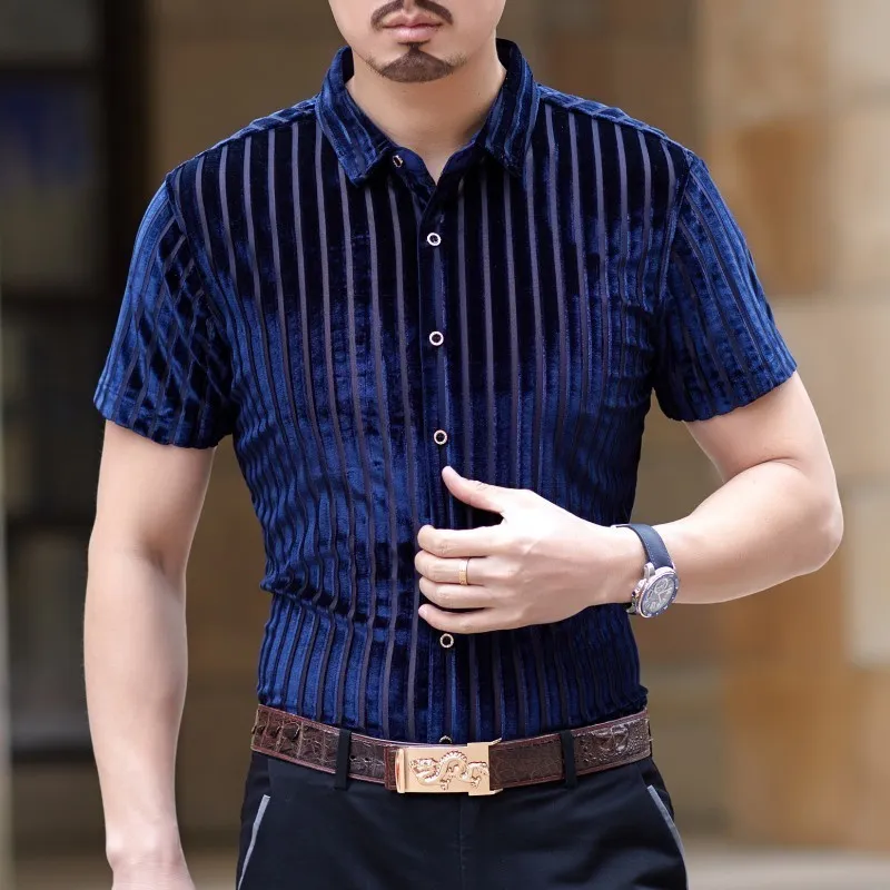 الفاخرة الملكي الأزرق الأسود شريط المخملية قميص الرجال الأعمال اللباس الاجتماعي قميص الرجال زر أعلى سليم صالح رجل الاجتماعية camisa 4xl