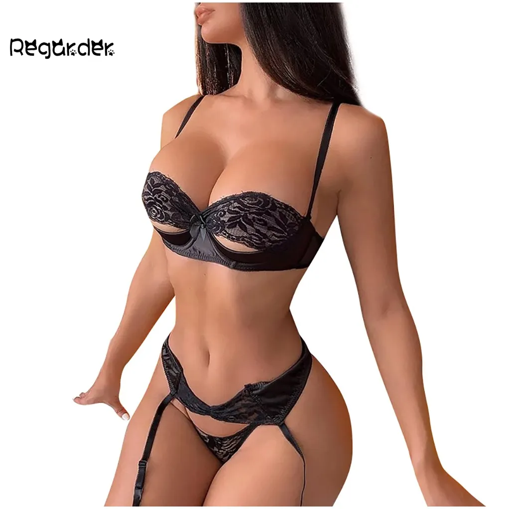 Biancheria intima sexy in pizzo trasparente da donna Reggiseno senza fili Set perizoma perizoma giarrettiera Underpant Sleepwear Lingerie Underwear Plus Size #