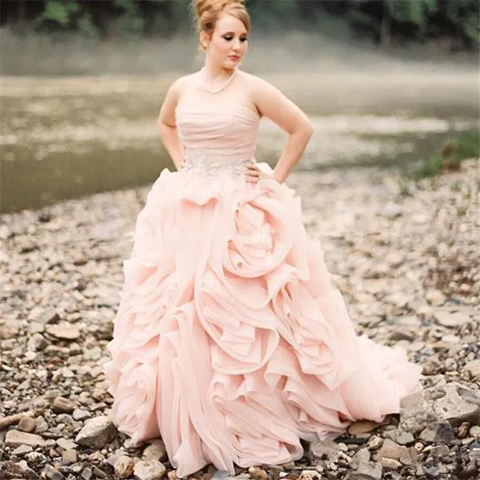 open lace back dress V-neck Dusty Pink Ball Gown Rustic Wedding Dress with Ruffles Skirt   loveangeldress
