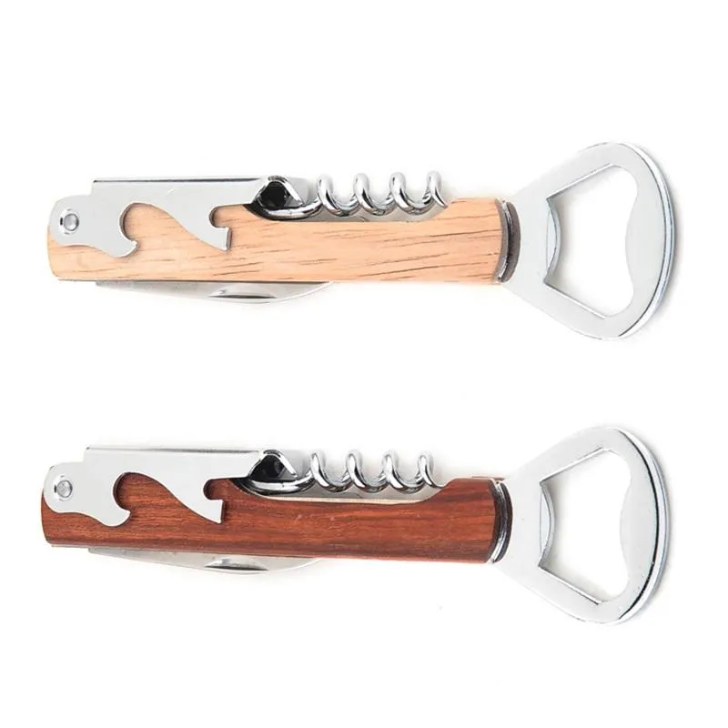 New Creative Wood Handle Wine Opener Stainless Steel Hand Held Bottles Openers Double Hinge Corkscrew Simple Durable Hot Sale