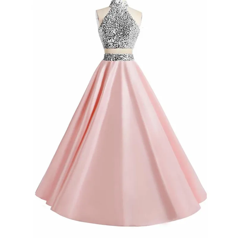 Frisado halter pescoço 2 peças vestidos de baile 2019 rosa royal azul escuro verde cetim baile vestidos