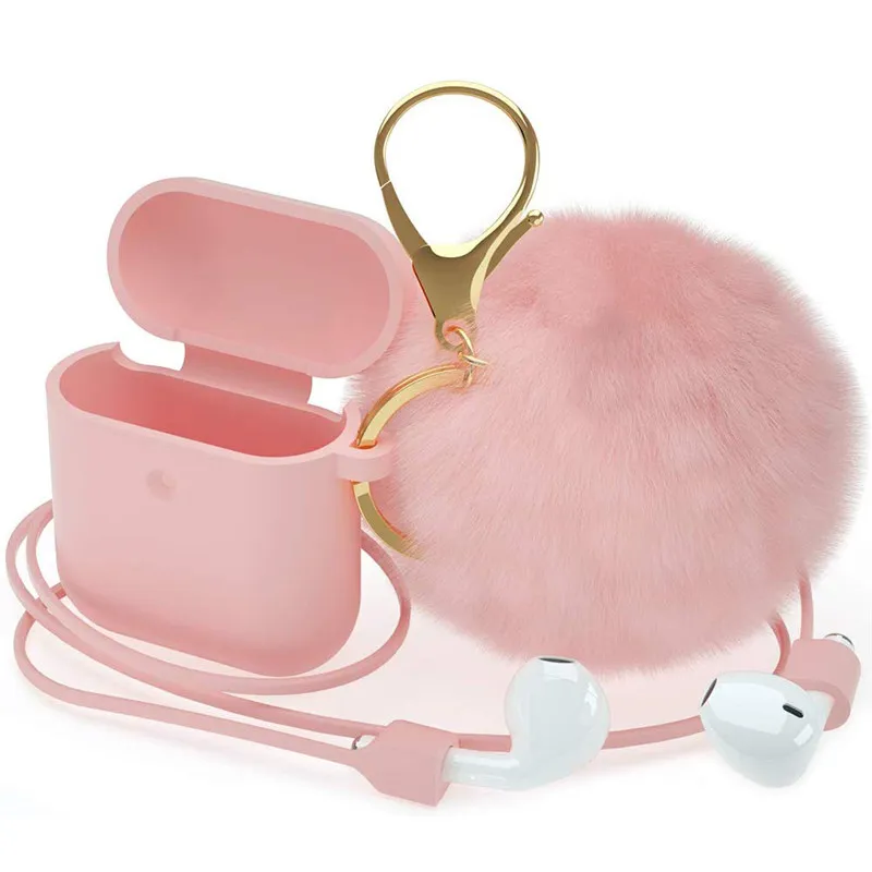 För airpods Case Mjukt Söt Silikon Skyddskåpa med POM Pom Fur Ball Keychain Earbuds Tillbehör till Apple AirPods 2 1