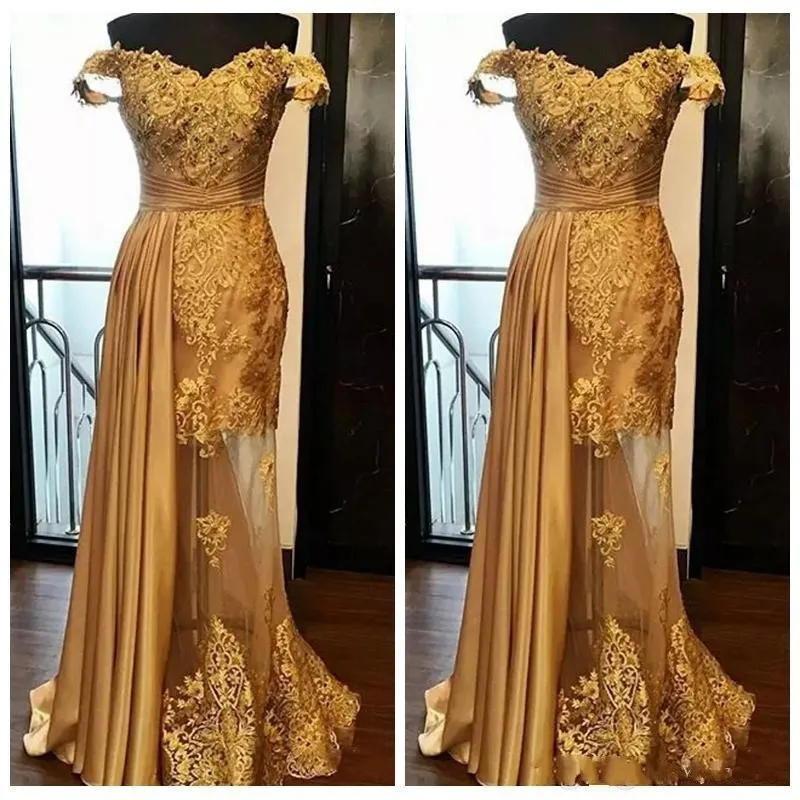 2020 Midden-Oosten Dubai Gold Prom Dresses Off Schouder Kant Applicaties Kralen Mermaid Tulle Peplum Illusion Avondjurk Slijtage Partyjurken